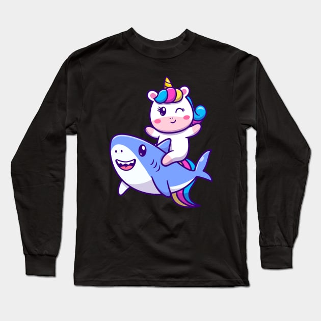 Cute Unicorn Riding Shark Cartoon Long Sleeve T-Shirt by Catalyst Labs